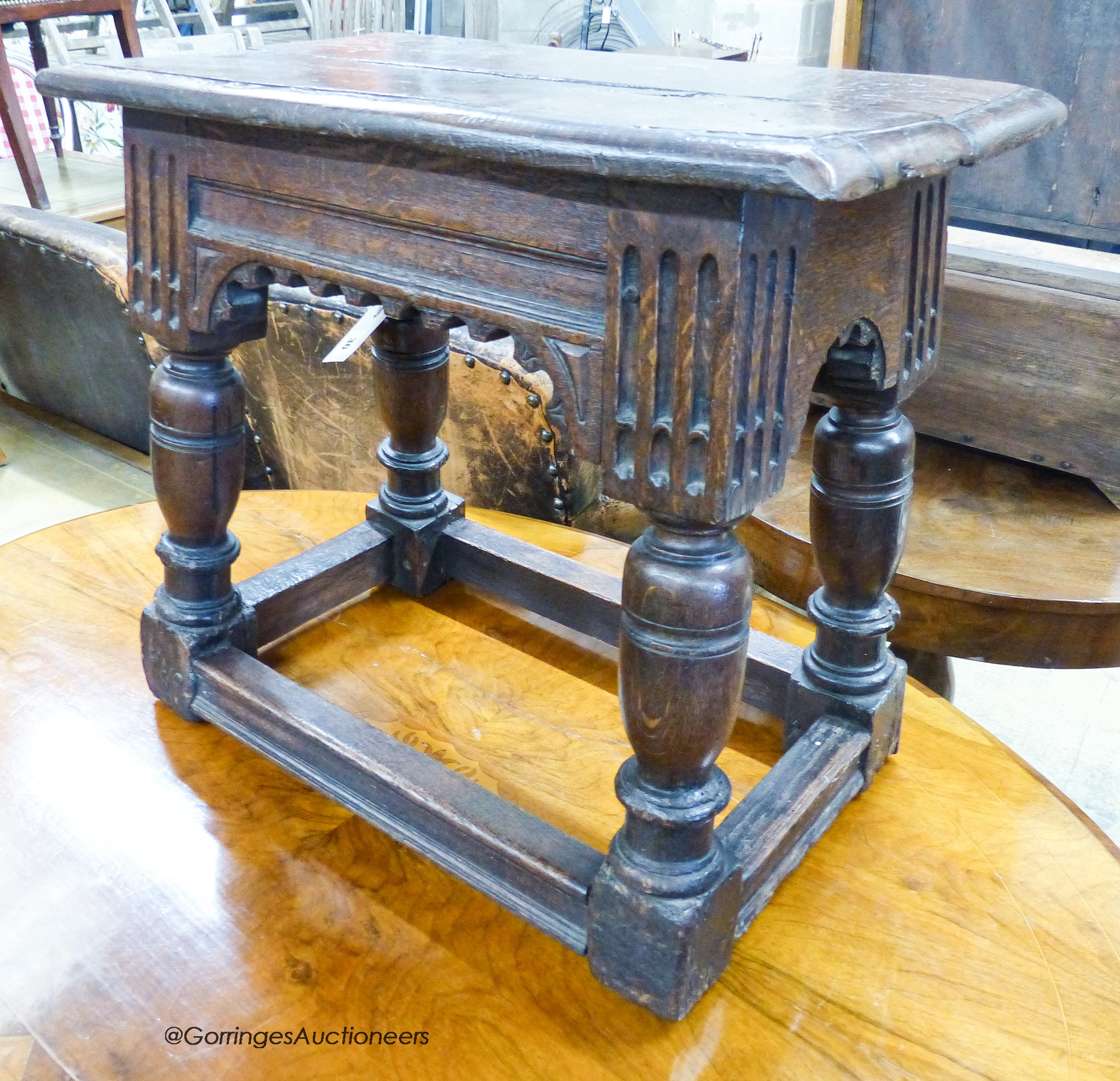 A 17th century style oak joint stool, width 55cm, depth 33cm, height 50cm